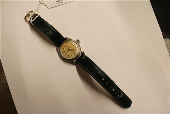 A gentlemans stainless steel mid-size Tudor Oyster wrist watch, on associated strap.